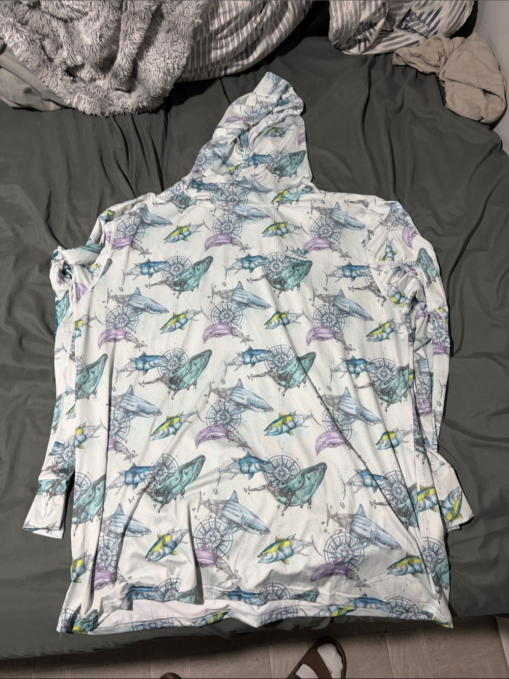 Women's White Hooded Fishing Print Pullover